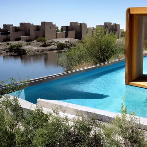 Image similar to habitat 6 7 in the desert, biophilia mood, pool, garden