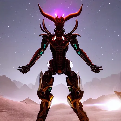 Image similar to the most beautiful cosmic android robot female devil, long glowing loki like horns, selfie pic by unreal engine