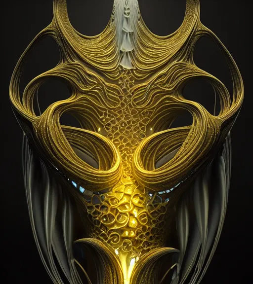 Image similar to abstract organic ornament in fluid creature, white and gold biomechanic plastic, glow lighting, fantasy, intricate, elegant, highly detailed, lifelike, photorealistic, octane render, 3d, concept art, smooth, sharp focus,