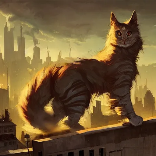 Prompt: gigantic cat walking on apocalyptic city, very detailed fine art, trend of artistation, style of kadinskyi and repin and greg rutkowski and ilia kuvshinov