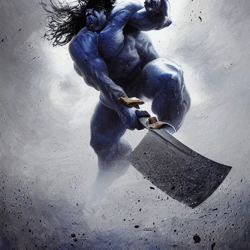 Image similar to artstation concept a midnight blue hulk jolding a meat cleaver, dusty, hyperdetailed, artstation trending, world renowned artists, worth 1 0 0 0. com, historic artworks society, antique renewel, cgsociety, by greg rutkowski, by gustave dore, deviantart