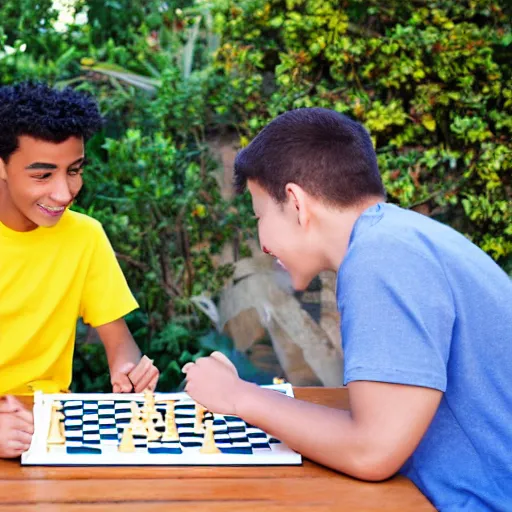 Image similar to two young guys are sitting at a table, playing chess. One is wearing a yellow tanktop and is smiling. The other has a white shirt and looks angry. The sky is blue with a Mediterranean background. Foto