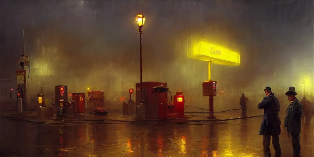 Image similar to a gas station in 1 9 4 0 with yellow and red light in the middle of the night, rainy night, a men stand up next to the pump, mystical blue fog, oil on canvas, art by andreas achenbach, clemens ascher, tom bagshaw and sabbas apterus,