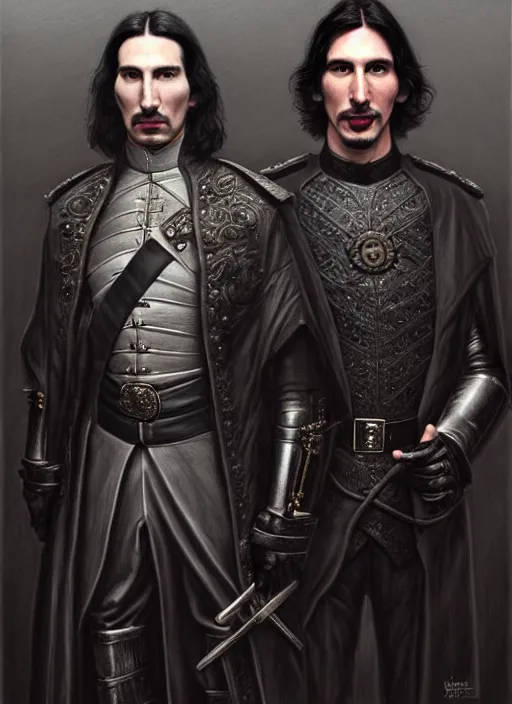 Image similar to a portrait of john oliver standing next to adam driver as in the vigo carpathian painting, stoic, military uniform, fantasy, intricate, beautiful, highly detailed, charcoal, centered, dark, smokey, digital painting, concept art, smooth, sharp focus, illustration, art by artgerm and greg rutkowski