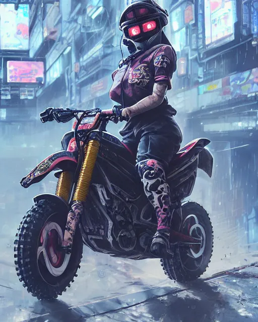 Prompt: kyoto animation girl wearing cyberpunk intricate streetwear riding dirt bike, respirator, detailed portrait, cell shaded, 4 k, concept art, by wlop, ilya kuvshinov, artgerm, krenz cushart, greg rutkowski, pixiv. cinematic dramatic atmosphere, sharp focus, volumetric lighting, cinematic lighting, studio quality