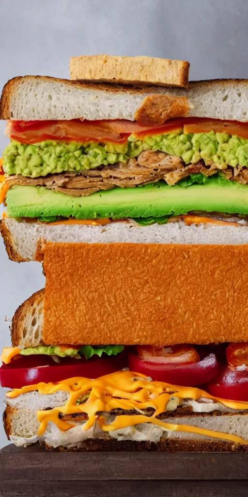 Image similar to giant sandwich with fried tofu, one red tomato slice, mayo, onion, avocado, melted cheddar, red dish, background : jupiter and stars in the sky