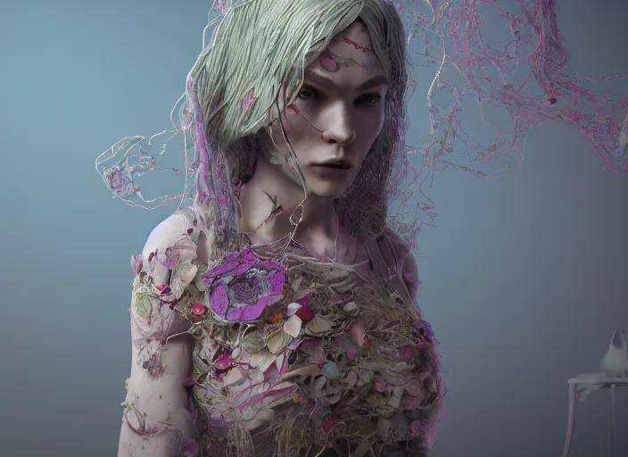 Prompt: cthulhy woman, clothes made out of flower, cables everywhere, bedroom, ultra realistic, concept art, intricate details, highly detailed, photorealistic, octane render, 8 k