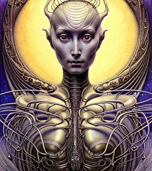 Image similar to detailed realistic beautiful young cher alien robot as queen of andromeda galaxy portrait by jean delville, gustave dore and marco mazzoni, art nouveau, symbolist, visionary, baroque, giant fractal details. horizontal symmetry by zdzisław beksinski, iris van herpen, raymond swanland and alphonse mucha. highly detailed, hyper - real, beautiful