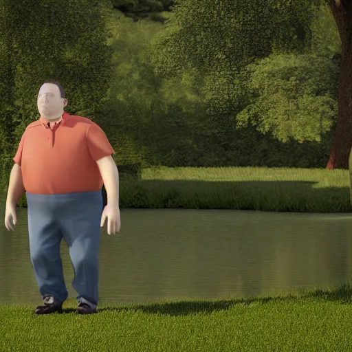 Prompt: a slightly overweight male pastor, walking by a pond, eating a sandwich, 3d render, cinematic shot, hyper realistic