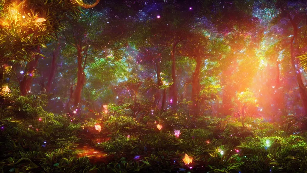 Image similar to beautiful lush magic glimmering mana forest, night sky with dazzling stars, fairies, fireflies, bokeh, octane render, unreal engine, raytracing, crystallized, intricate, hyper detailed, light rays, high quality cinematic anime style art