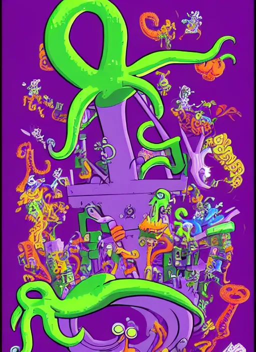 Prompt: a poster for the Day of the Tentacle videogame by Steve Purcell. 8k. Detailed. Characters. Maniac Mansion. Purple tentacle.