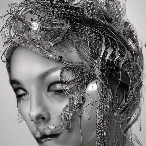 Image similar to closeup portrait of an absurdly beautiful, graceful, sophisticated, fashionable cyberpunk mechanoid gravure idol, ultrafine hyperdetailed illustration by irakli nadar, matt wisniewski style, marvel comics, intricate linework, porcelain skin, neon jellyfish headdress, ivory carved ruff, unreal engine 5 highly rendered, global illumination, radiant light, detailed and intricate environment