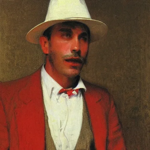 Prompt: white shirt, red vest, and white derby hat, by thomas eakins