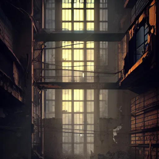 Image similar to One dilapidated building with only one window glowing. ArtStation, Cyberpunk, Vertical Symmetry, 8K, Highly Detailed, Intricate, Album Art.