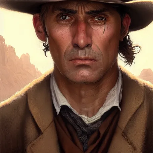 Prompt: clean shaven, tan, middle - aged christian priest with dark hair in wild west, portrait, highly detailed, digital painting, artstation, oppressive lighting, concept art, sharp focus, illustration, art by greg rutkowski and alphonse mucha