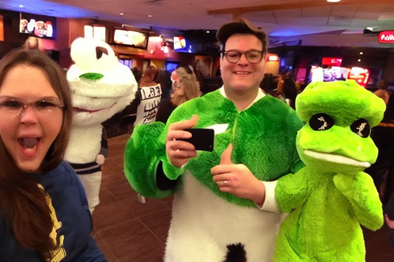 Prompt: taking a selfie with a frog fluffy mascot costume at an applebee's, cell phone photo