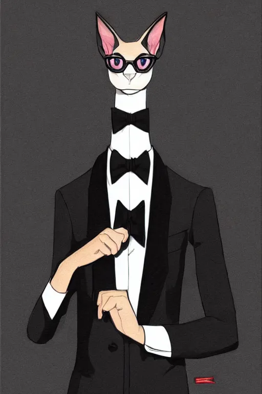 Prompt: a drawing of a black sphynx cat wearing a black suit and tie, smug expression, sideways stance, torso cut off, looking up at focal point, a character portrait by ilya kuvshinov, featured on pixiv, official art, concept art