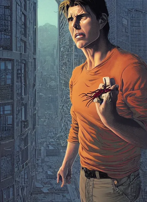 Prompt: poster artwork by Michael Whelan and Tomer Hanuka, Karol Bak of Tom Cruise possessed by the evil BOB, feeding on his insecurities and pain, making him confident and commit unspeakable acts, from scene from Twin Peaks, clean, simple illustration, nostalgic, domestic, full of details, by Makoto Shinkai and thomas kinkade, Matte painting, trending on artstation and unreal engine