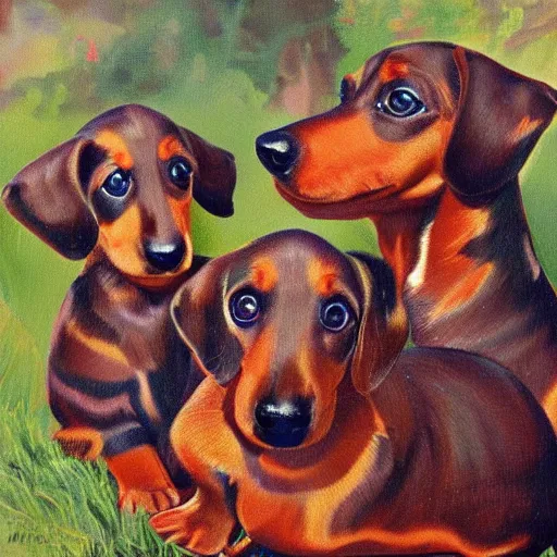Image similar to color painting of many dachshund puppies nursing,