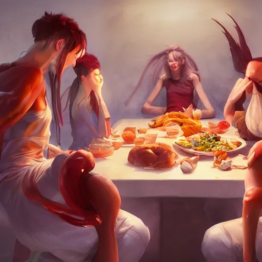 Prompt: A table-spread of amazing food hot and fresh, huggy wuggy from poppy playtime video game, fullbody, ultra high detailed, oil painting, Greg Rutkowski, Charlie Bowater, Yuumei, Yanjun Cheng, unreal 5, DAZ, hyperrealistic, octane render, RPG portrait, dynamic lighting, fantasy art, beautiful face