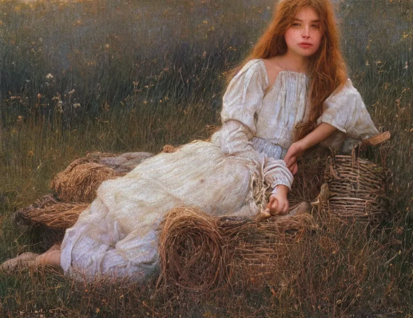 Image similar to peasant girl with long hair yarn knitting, cottage core, cinematic focus, polaroid photo bleached vintage pastel colors high - key lighting, soft lights, foggy, by steve hanks, by lisa yuskavage, by serov valentin, by tarkovsky, 8 k render, detailed, oil on canvas