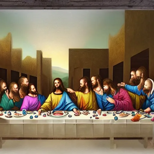 Prompt: a beautiful mixed mediart of the last supper, with jesus and his disciples replaced by various animals. the mixed mediart is set in a forest, with a deer at the head of the table and a squirrel and rabbit to either side. 4 k resolution by joel rea, by eddie mendoza offhand, a e s t h e t i c