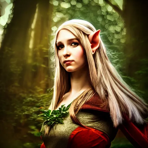 Image similar to portrait of a female elf,fantasy, D&D, HDR, natural light, medium close shot, dynamic pose, award winning photograph, Mucha style