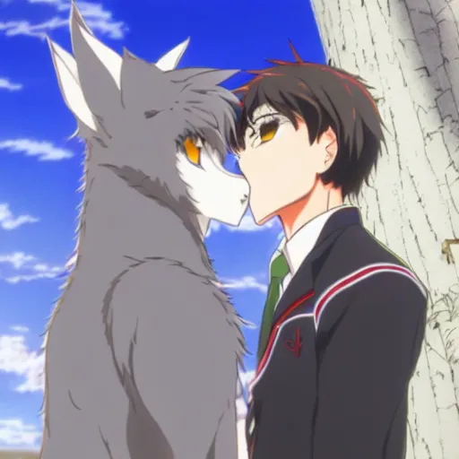 Image similar to key anime visual still portrait of anthropomorphic anthro male grey wolves with handsome eyes, kissing each other, wearing school uniform, official studio anime still