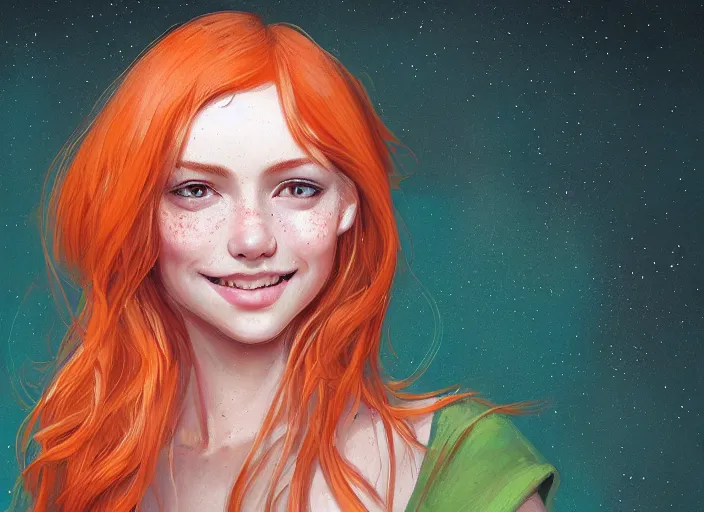 Prompt: portrait of a beautiful smiling girl with orange hair and freckles, green eyes, highly detailed, digital painting, concept art, smooth, sharp, focus, background is purple, artstation, style by Janice Sung