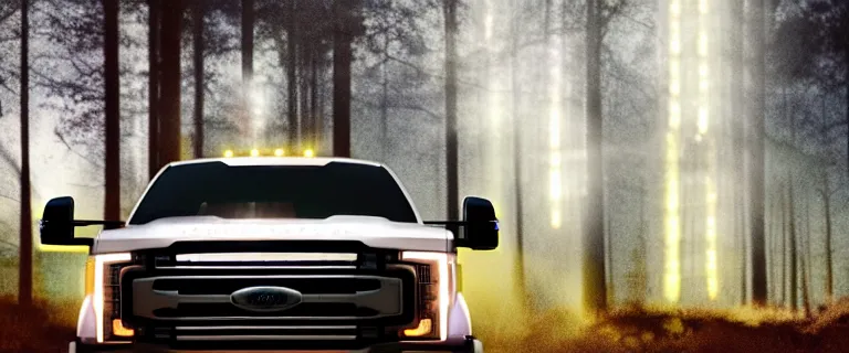 Prompt: at night bright white Ford F-250 super duty pickup truck (2018), an epic fantasy, dramatic lighting, cinematic, establishing shot, extremely high detail, photorealistic, cinematic lighting, artstation, by simon stalenhag, driving on a forest trail at night