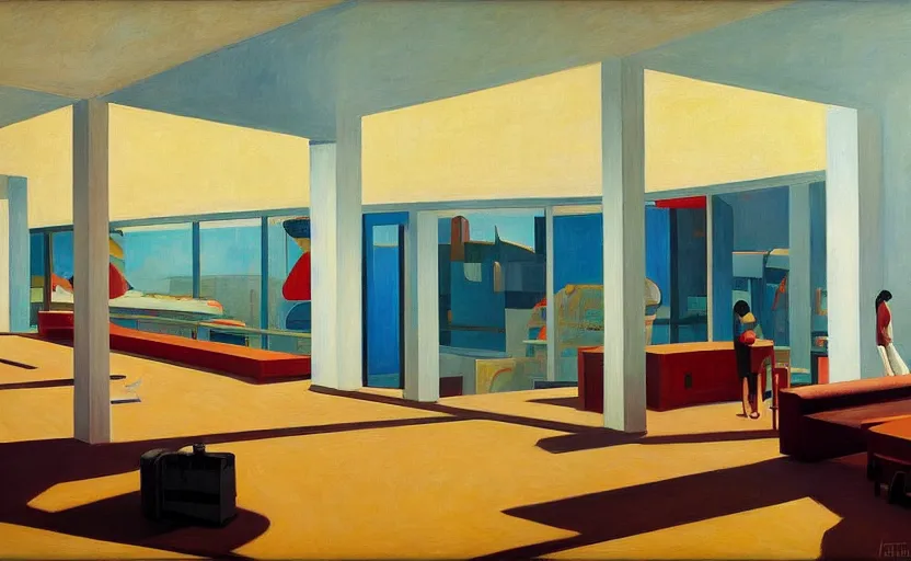 Image similar to Interior shot of contemporary museum with abstarct arts hanging on the wall, very coherent, painted by Edward Hopper, painted by James Gilleard, airbrush, art by JamesJean