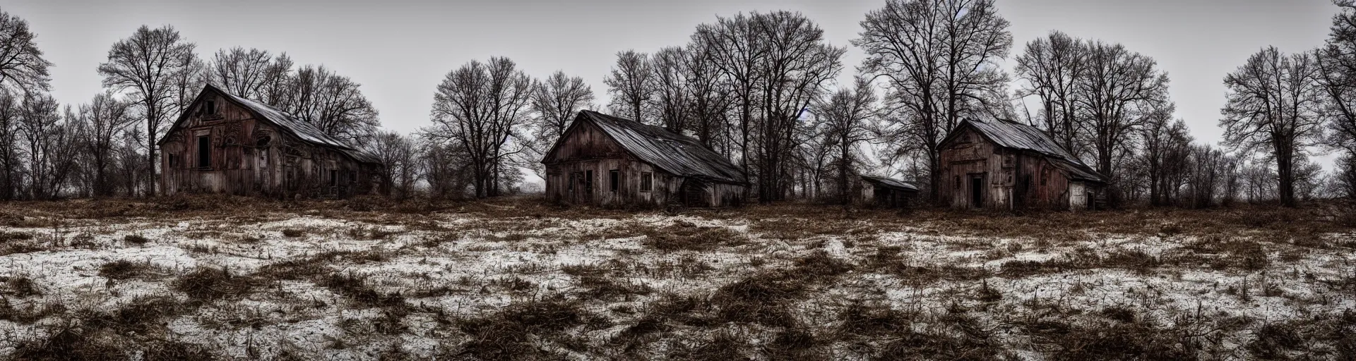 Prompt: landscape, dead nature, eastern european house, farm, abandoned, lifeless, winter, mud, atmospheric, mystical, very detailed 4 k