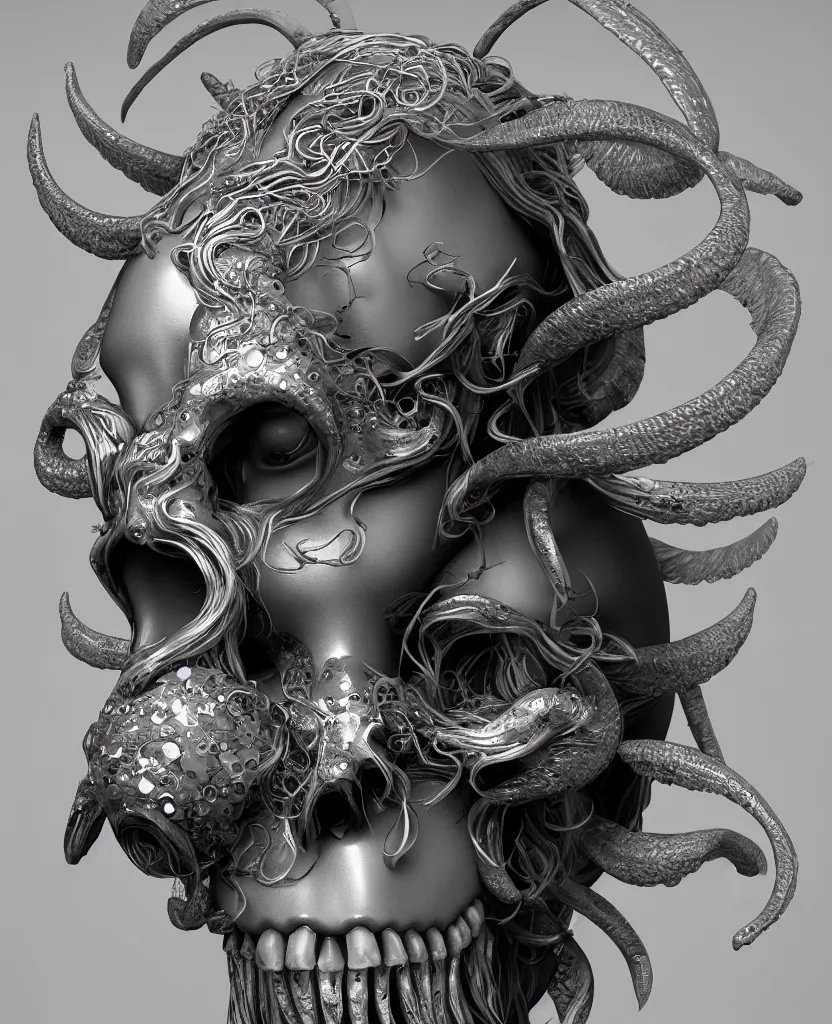 Image similar to goddess princess face close-up portrait ram skull. hard surface modelling zbrush and octane render. jellyfish phoenix head, nautilus, orchid, skull, betta fish, bioluminiscent creatures, intricate artwork by Tooth Wu and wlop and beeple. octane render, trending on artstation, greg rutkowski very coherent symmetrical artwork. cinematic, hyper realism, high detail, octane render, 8k