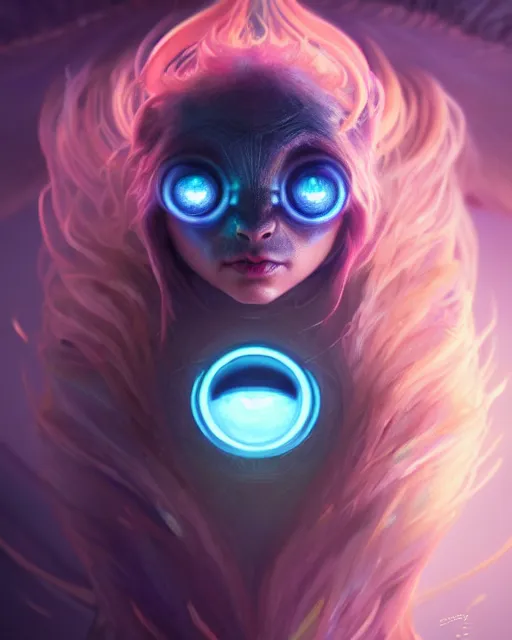 Image similar to one singular portrait of a cute bioluminescent creature with big glowing eyes, highly detailed, digital painting, cinematic, hyper realism, dark retrowave, art by Stanley Lau and Artgerm and magali villeneuve and Alphonse Mucha, artstation, octane render, cgsociety