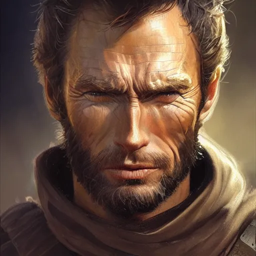 Image similar to rugged male knight, young clint eastwood, headshot, D&D, painted fantasy character portrait, highly detailed, digital painting, artstation, concept art, sharp focus, illustration, art by artgerm and greg rutkowski and alphonse mucha