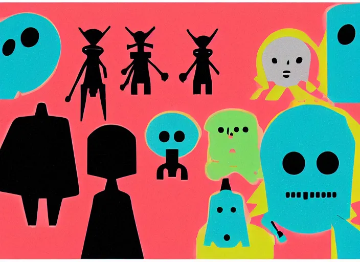 Image similar to silhouettes of grim reaper robots by masaaki yuasa, mixed media shape design