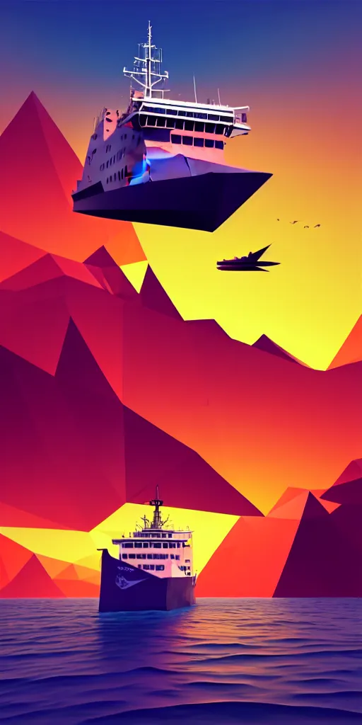 Prompt: super detailed color art, big graphic fishing ship on sunset view with polygonal mountains, unreal engine, high contrast color palette, 3 d render, lowpoly, colorful, digital art, perspective, full volume composition, syd mead