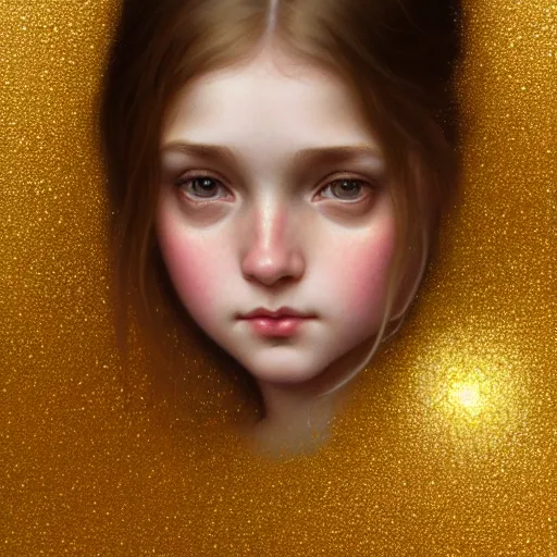 Image similar to portrait of a girl surrounded by shimmering reflective gold flakes, face, fantasy, intricate, elegant, dramatic lighting, highly detailed, lifelike, photorealistic, digital painting, artstation, concept art, smooth, sharp focus, illustration, art by John Collier and Krenz Cushart and Artem Demura and Alphonse Mucha and and Albert Aublet