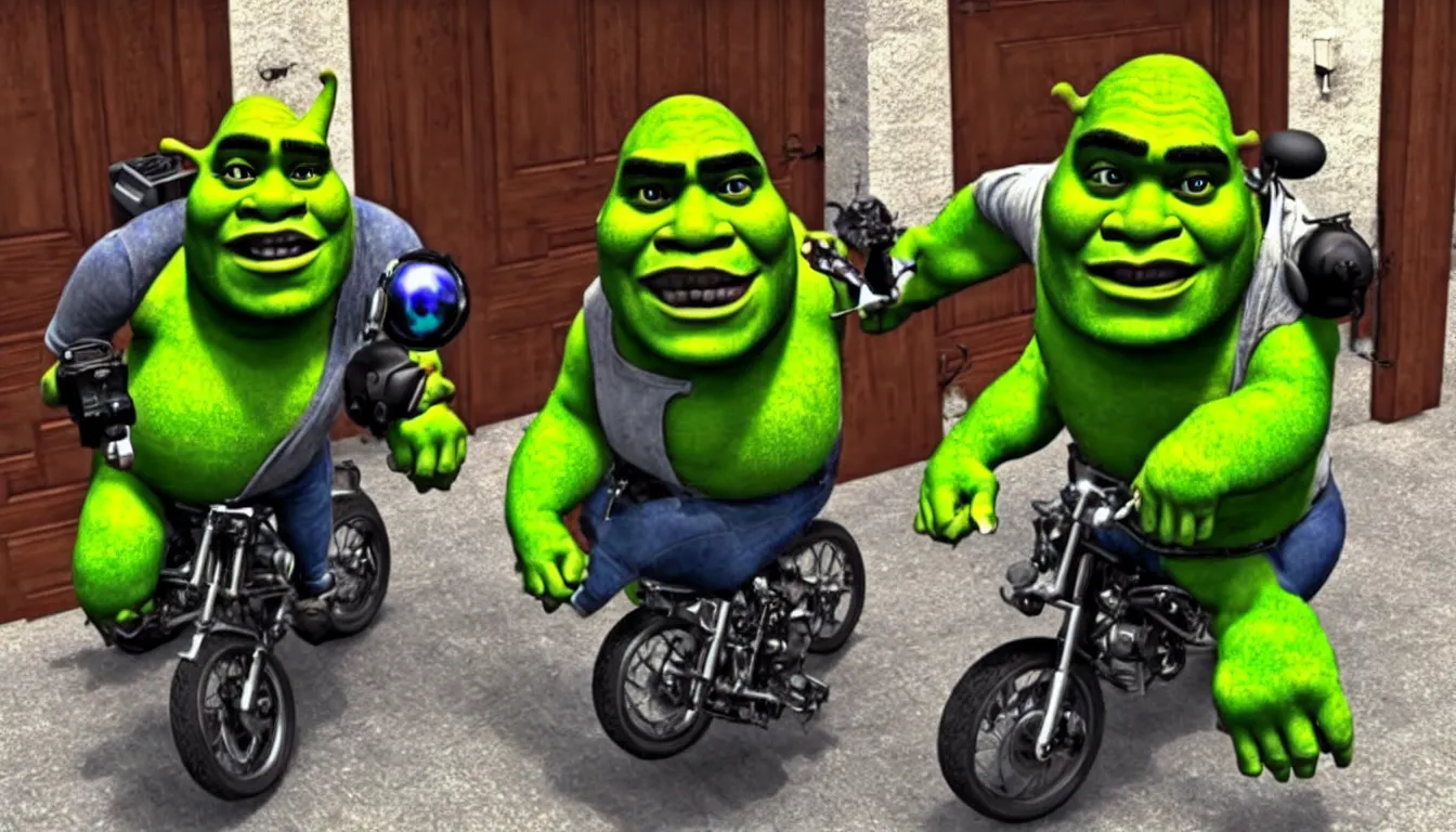 Image similar to doorbell cam footage shrek riding motorbike on one wheel, hilarious, funny, meme, realistic, detailed, 4 k