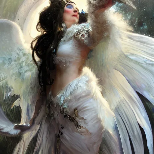 Image similar to hyperrealistic portrait of an angel woman descending onto a bladedrunner city of cats wearing white swan dress long feathers and sapphire jewellery by jeremy mann and alphonse mucha, fantasy art, photo realistic, dynamic lighting, artstation, poster, volumetric lighting, very detailed faces, 4 k, award winning