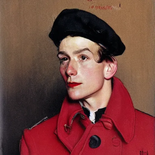 Image similar to frontal portrait of black beret and red coat, by norman rockwell