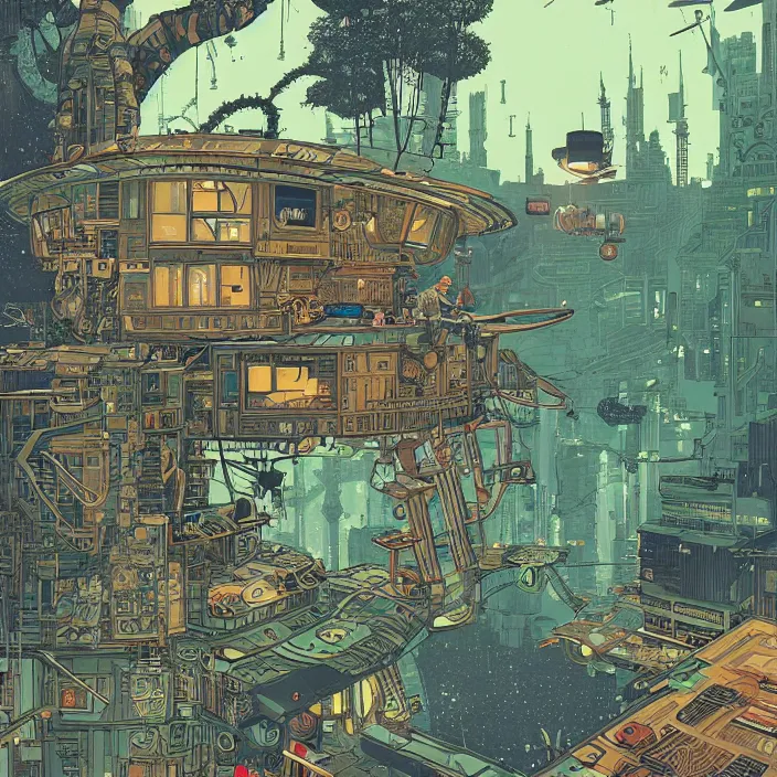 Image similar to Stunningly intricate illustration of a cyberpunk explorer playing video games in his treehouse, highly detailed, midnight, by Victo Ngai and James Gilleard , Moebius, Laurie Greasley