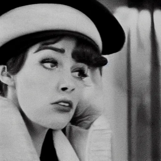 Image similar to still from a masterpiece 1 9 6 0 s french art film, very beautiful and elegant girl in beret with large eyebrows with an angry expression, moody lighting, viewed from afar, cinematic shot, the camera is focused on her conversation with a man, the movie is in color