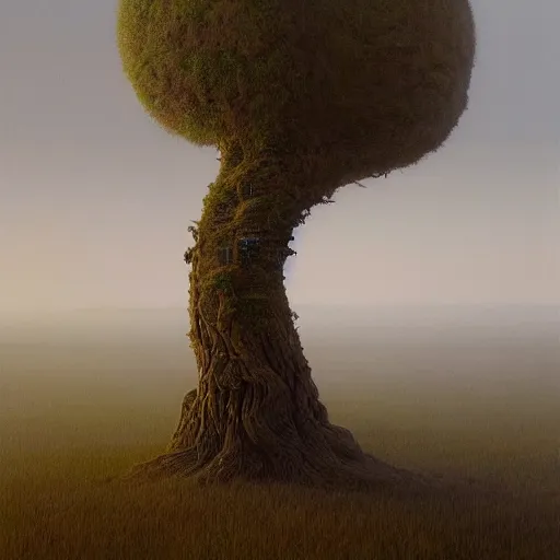 Prompt: beautiful hyperrealistic detailed matte landscape of a the mysterious last tree on earth, cyberpunk tree, summer, on the morning, by zdzisław beksinski and artem demura and john howe, featured on artstation, featured on behance, golden ratio, ultrawide angle, f 3 2, well composed, cohesive