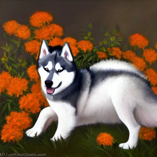 Image similar to beautiful painting of a cute husky sleeping in flowers. sci fi concept art by * caravaggio *