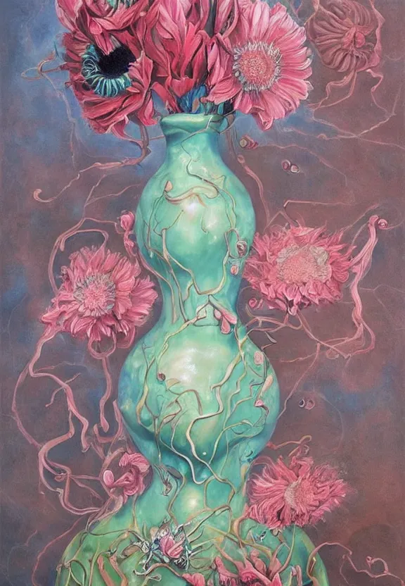 Image similar to a biomorphic painting of a vase with flowers and eyeballs in it, a surrealist painting by marco mazzoni, by dorothea tanning, pastel blues and pinks, featured on artstation, metaphysical painting, oil on canvas, fluid acrylic pour art, airbrush art, bees, seapunk, rococo, lovecraftian