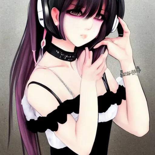 Prompt: realistic beautiful gorgeous buxom natural cute blushed shy girl Blackpink Lalisa Manoban black hair fur black cat ears, wearing white camisole, headphones, black leather choker artwork drawn full HD 4K highest quality in artstyle by professional artists WLOP, Taejune Kim, Guweiz, Aztodio on Pixiv Instagram Artstation