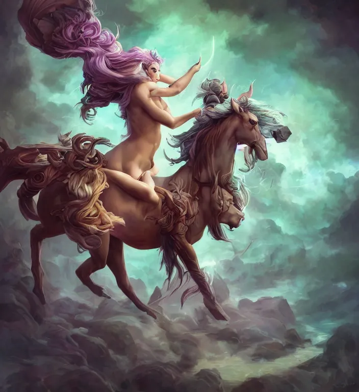 Prompt: a polaroid photo of, a majestic female centaur with white wings and with a horn on the forehead and purple hair and elf ears, backlit, strong rim light, highly detailed, digital painting, by Peter Mohrbacher + Dan Mumford + vivid colors + high contrast, 8k resolution, intricate, photorealistic, smooth