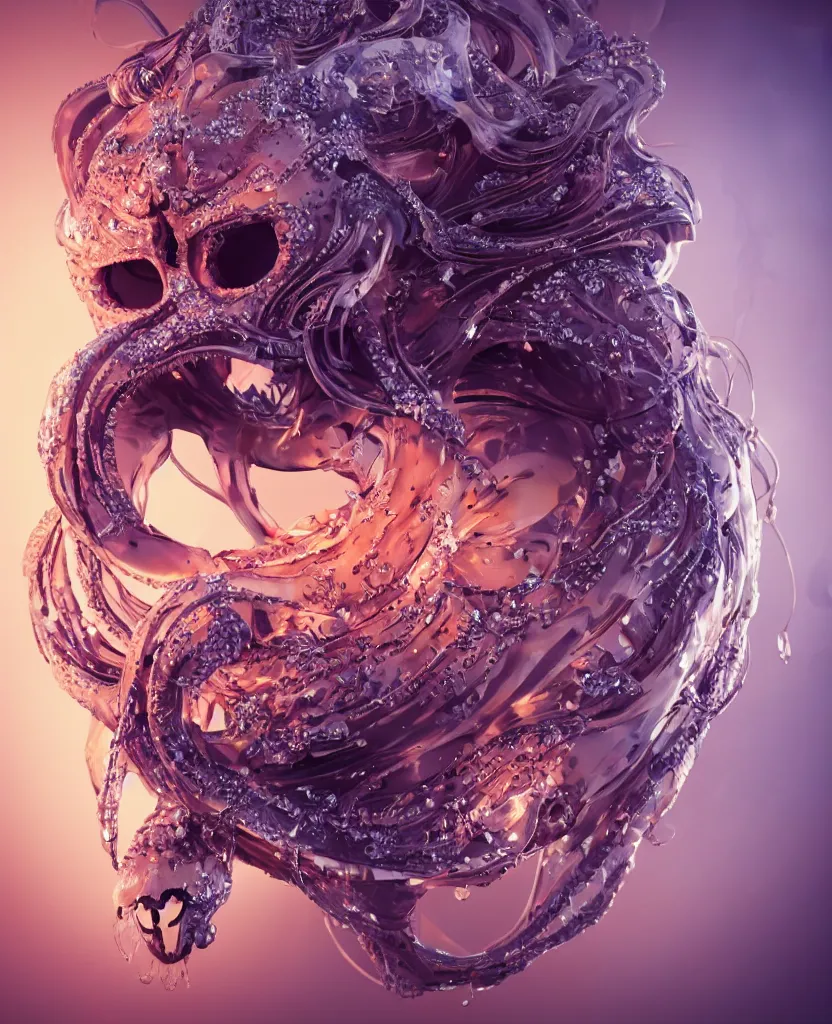 Image similar to close-up macro portrait of the face of a beautiful princess with animal skull mask, epic angle and pose, symmetrical artwork, 3d with depth of field, blurred background, cybernetic jellyfish female face skull phoenix bird, translucent, nautilus, energy flows of water and fire. a highly detailed epic cinematic concept art CG render. made in Maya, Blender and Photoshop, octane render, excellent composition, cinematic dystopian brutalist atmosphere, dynamic dramatic cinematic lighting, aesthetic, very inspirational, arthouse. y Greg Rutkowski, Ilya Kuvshinov, WLOP, Stanley Artgerm Lau, Ruan Jia and Fenghua Zhong