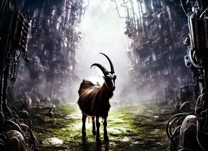 Image similar to intricate goat from overlord anime, on the background of a weird magical mechanical forest. Very detailed 8k. Fantasy cyberpunk horror. Sharp. Cinematic post-processing